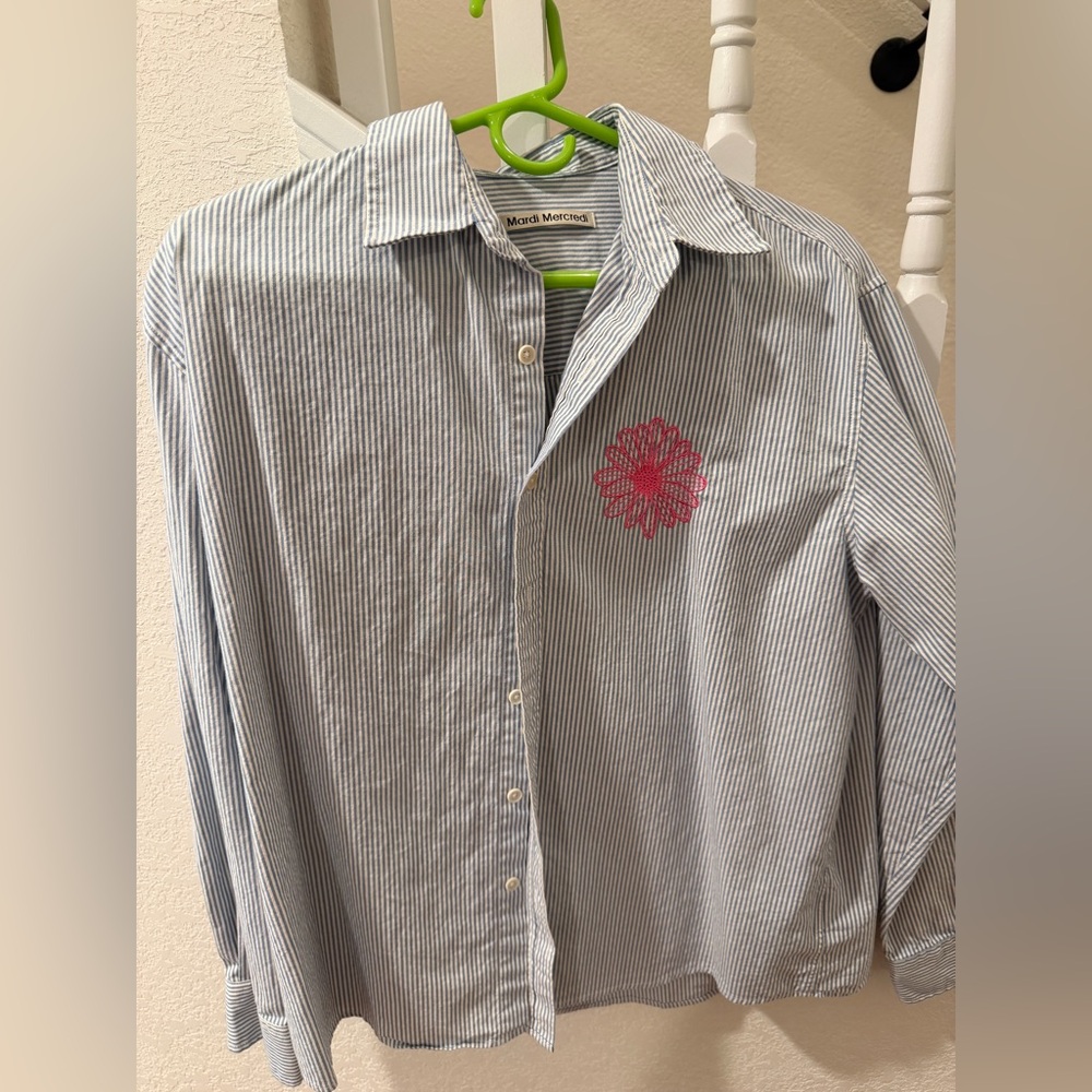 Women's Blue Striped Shirt with Pink Embroidery